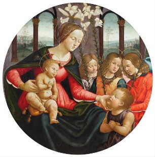 Maria mit dem segnenden Kind, dem Johannesknaben und drei Engeln