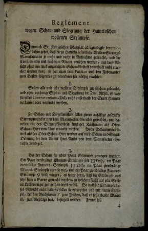 Reglement wegen Schau- und Siegelung der Hamelnschen wollenen Strümpfe