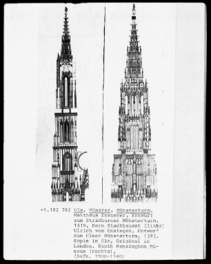 Links: Entwurf zum Straßburger Münsterturm (1419); rechts: Entwurf zum Ulmer Münsterturm (1393, Kopie in Ulm, Original in London, South Kensington Museum)