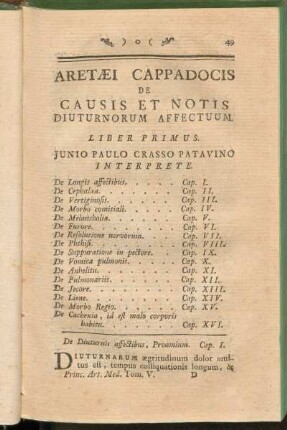Aretaei Cappadocis De Causis Et Notis Diuturnorum Affectuum Liber Primus
