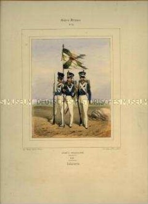 Uniformdarstellung, Infanteristen mit Fahne, Preußen, 1832/1848. Tafel Nr. 55 aus: Galerie militaire. Collection des Costumes Militaires de toutes les Nations. Paris 1840 - 1855.