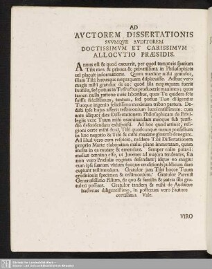 Ad Auctorem Dissertationis Suumque Auditorem Doctissimum Et Carissimum Allocutio Praesidis