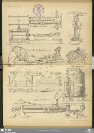 Wells's Dampfmaschine ; Lane & Bodley' Dampfmaschine ; Schiffsmaschine der New-York Safety Boiler Steam Co ; Dampfschieber der Erie City Iron Works ; Sample, Mc. Elroy & Co. Dampfmaschine ; Woodruff, Dampfmaschine
