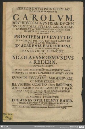 Serenissimum principem ac dominum ... Carolum, archiducem Austriae ... principem iuventutis, ipso Caroli die, hoc est XXVIII Ianuarii ... panegyrico sermone colet ...