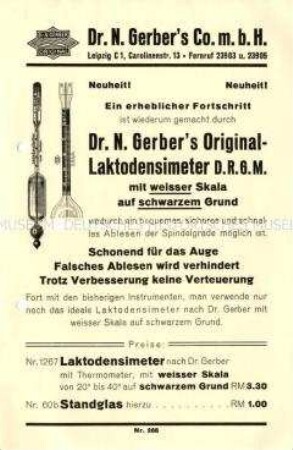 Dr. N. Gerber`s Original-Laktodensimeter mit weisser Skala auf schwarzem Grund / Nr. 288