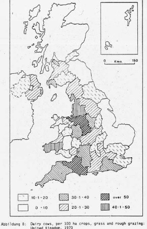 Dairy cows, per 100 ha crops, grass and rough grazing: United Kingdom, 1970