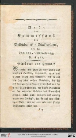 Rede des Kommissärs des Vollziehungs-Direktoriums, bei der Kantons-Verwaltung, B. Egli