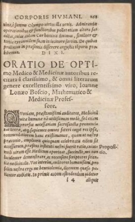 Oratio De Optimo Medico & Medicinae autoribus ...