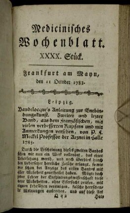 XXXX. Stück. Frankfurt am Mayn, den 11 October 1783. - XXXXII. Stück. Frankfurt am Mayn, den 25 October 1783.