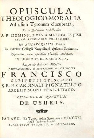 Opuscula theologico-moralia, 4. De Usuris