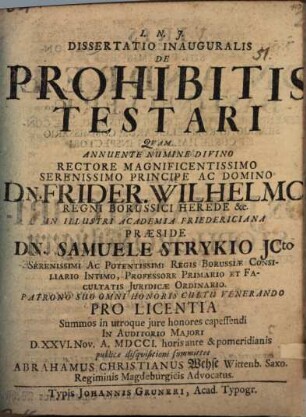 Dissertatio inauguralis de prohibitis testari