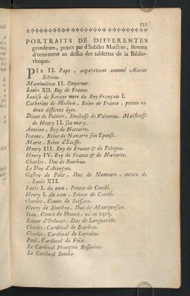 531-535, Portraits De Differentes grandeurs, peints par d'habiles Maistres, servant d'ornement au dessus des tablettes de la Bibliotheque.