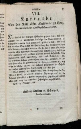 VIII. Kurrende Von dem Kais. Kön. Kreisamte zu Graz.
