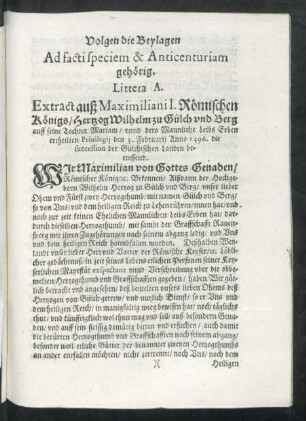 Volgen die Beylagen Ad facti speciem & Anticenturiam gehörig.