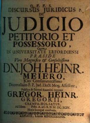 Discursus juridicus De judicio petitorio et possessorio