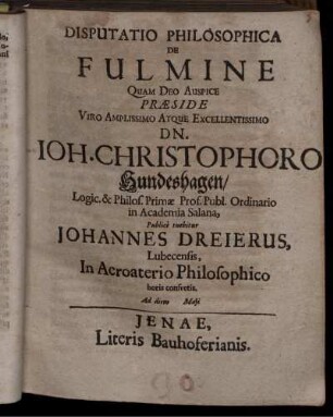 Disputatio Philosophica De Fulmine