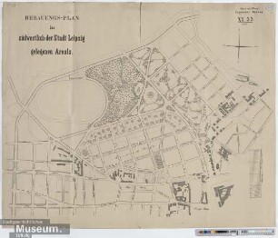 Bebauungs-Plan des südwestlich der Stadt Leipzig gelegenen Areals.