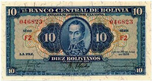 Geldschein, Bolivar (10 Bolivianos), 20.7.1928