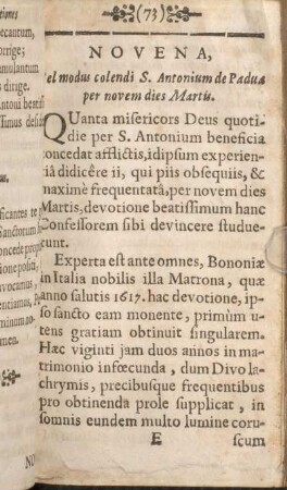 Orationes pro Novena, vel modus colendi S. antonium de Padua per novem dies Martis.