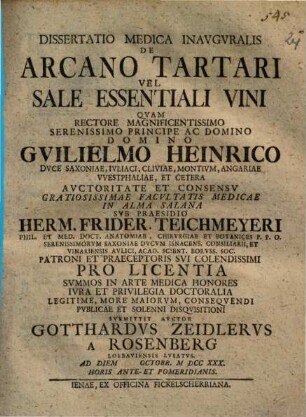 Dissertatio Medica Inavgvralis De Arcano Tartari Vel Sale Essentiali Vini
