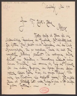 Brief an B. Schott's Söhne : 05.1914