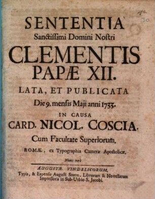 Sententia ... in causa Cardin. Nic. Coscia