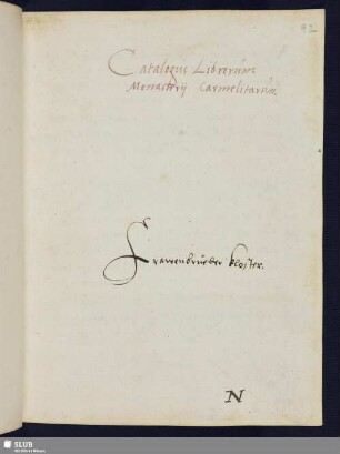 Catalogus Librorum Monastery Carmelitarum. Frauenbrueder Kloster.