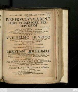 Dissertatio Inavgvralis Ivridica De Ivre Frvctvvm A Bonæ Fidei Possessore Perceptorvm