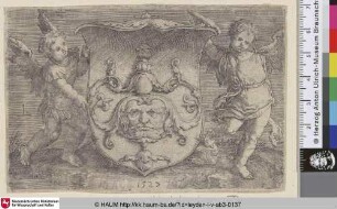 [Wappen mit Maske gehalten von zwei Genien; Coat of arms with a mask held by two genii]