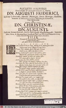 Augustis Amoribus Reverendissimi [et] Serenissimi Principis ac Domini, Dn. Augusti Friderici, Episcopi Lubecensis ... Et ... Dn. Christinae ... Dn. Augusti, Postulati Administratoris Archi-Episcopatus Magdeburgensis ... Filiae ... humillimo affectu gratulatur Academia Kiloniensis
