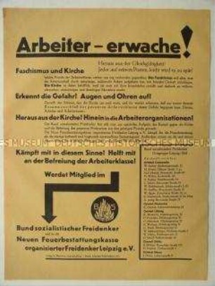 Flugblatt mit Aufruf zur Mitgliedschaft in einem Freidenkerverein
