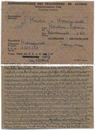Vordruck-Postkarte von Harald von Koenigswald aus dem Kriegsgefangenenlager Metz an seine Tochter Karin - Familienkonvolut