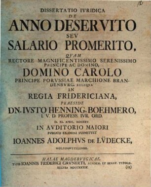 Dissertatio Ivridica De Anno Deservito Sev Salario Promerito
