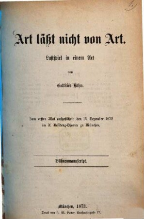 Art läßt nicht von Art : Lustspiel in 1 Act