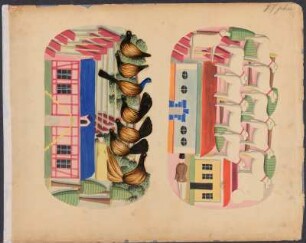 J. D. Oehme, Grünhainichen : Spielzeugmusterbuch, 82 Tafeln (rechtsseitig, Rückseiten ausnahmslos leer), die Tafelnummerierung (rot, oben links, teilweise abgeschnitten/nicht identifizierbar) und Seitenzählung (Bleistift, oben rechts) stimmt nicht durchgehend überein; handkolorierte Zeichnungen, teilweise mit Papier beklebt (bedruckte Zettel, aber auch Originalpapier, mit dem die abgebildeten Objekte beklebt wurden). Gesamtseiten: 184; davon Leerseiten und leere Rückseiten: 86