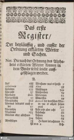 Das erste Register, Der beyläuffig, und ausser der Ordnung erklärten Wörter und Sachen