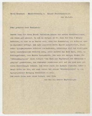 Brief von Raoul Hausmann an Jan Tschichold. Berlin