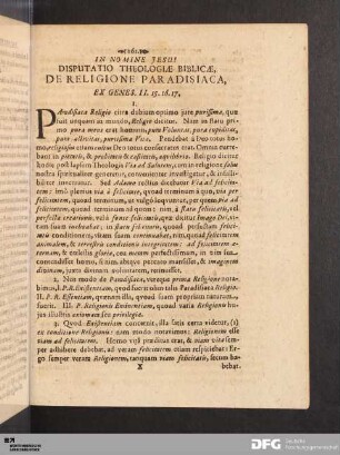 Disputatio Theologiae Biblicae, De Religione Paradisiaca.