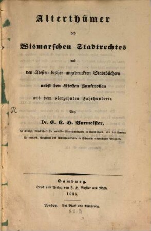 Alterthümer des Wismarschen Stadtrechtes