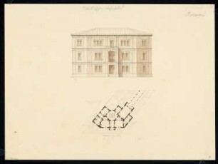 Märkisches Wohnhaus Monatskonkurrenz Februar 1834: Grundriss Hauptgeschoss; Aufriss Vorderansicht; Maßstabsleiste