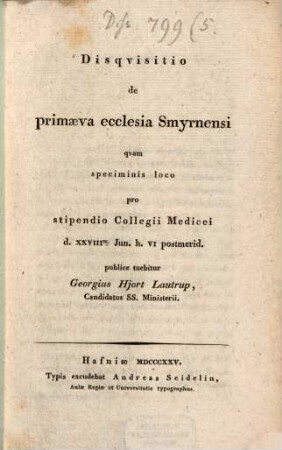 Disquisitio de primaeva ecclesia Smyrnensi