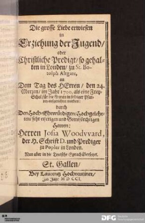Die grosse Liebe erwiesen in Erziehung der Jugend/ oder Christliche Predigt