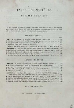 TABLE DES MATIÈRES DU TOME DIX-NEUVIÈME