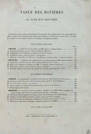 TABLE DES MATIÈRES DU TOME DIX-NEUVIÈME
