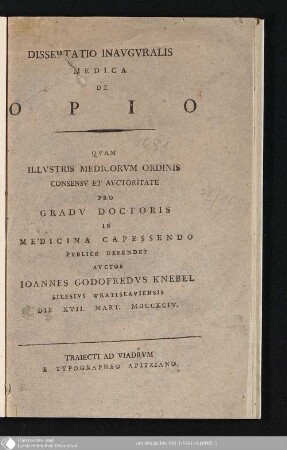 Dissertatio Inavgvralis Medica De Opio