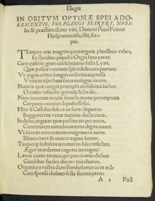 Elegia In Obitum Optimae Spei Adolescentis, Volfgangi Feireri ...