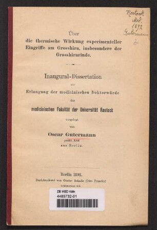 Über die thermische Wirkung experimenteller Eingriffe am Grosshirn, insbesondere der Grosshirnrinde