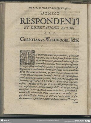 Nobilissimo Clarissimo Que Domino Respondenti Et Dissertationis Autrori … Christianus Wildvogel …
