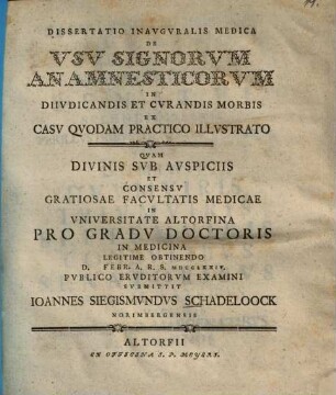 Dissertatio Inauguralis Medica De Usu Signorum Anamnesticorum In Diiudicandis Et Curandis Morbis Ex Casu Quodam Practico Illustrato