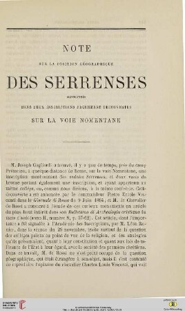 N.S. 11.1865: Note sur la position géographique des serrenses : mentionnés dans deux inscriptions récemment découvertes sur la voie Nomentane$nElektronische Ressource
